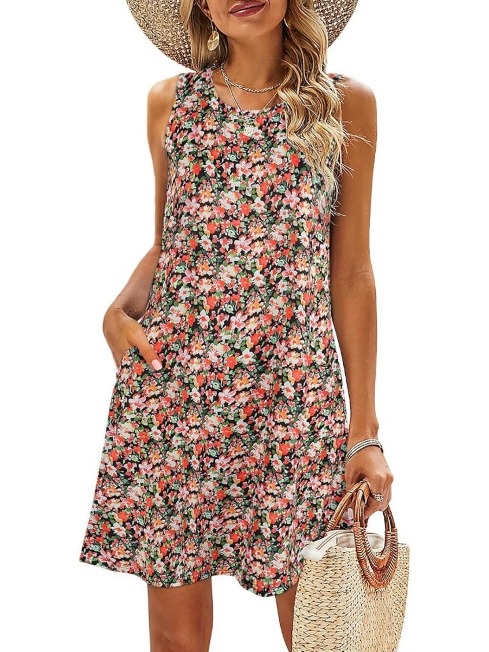Women's Black Red Floral Stylish T-shirt Sundress Casual Pockets Boho Tank Dress